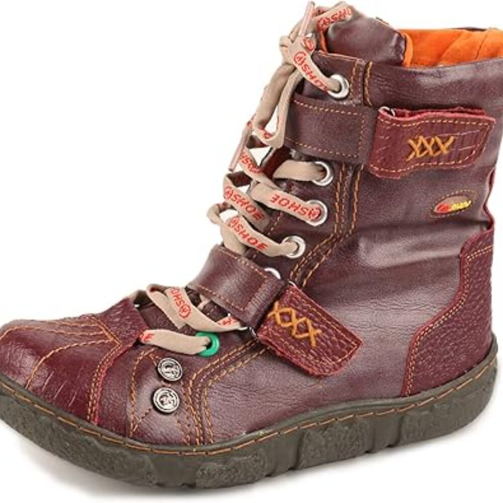 TMA Eyes Lace-Up PU Leather Boots Flat Women's Snow Boots with Fur Lining
